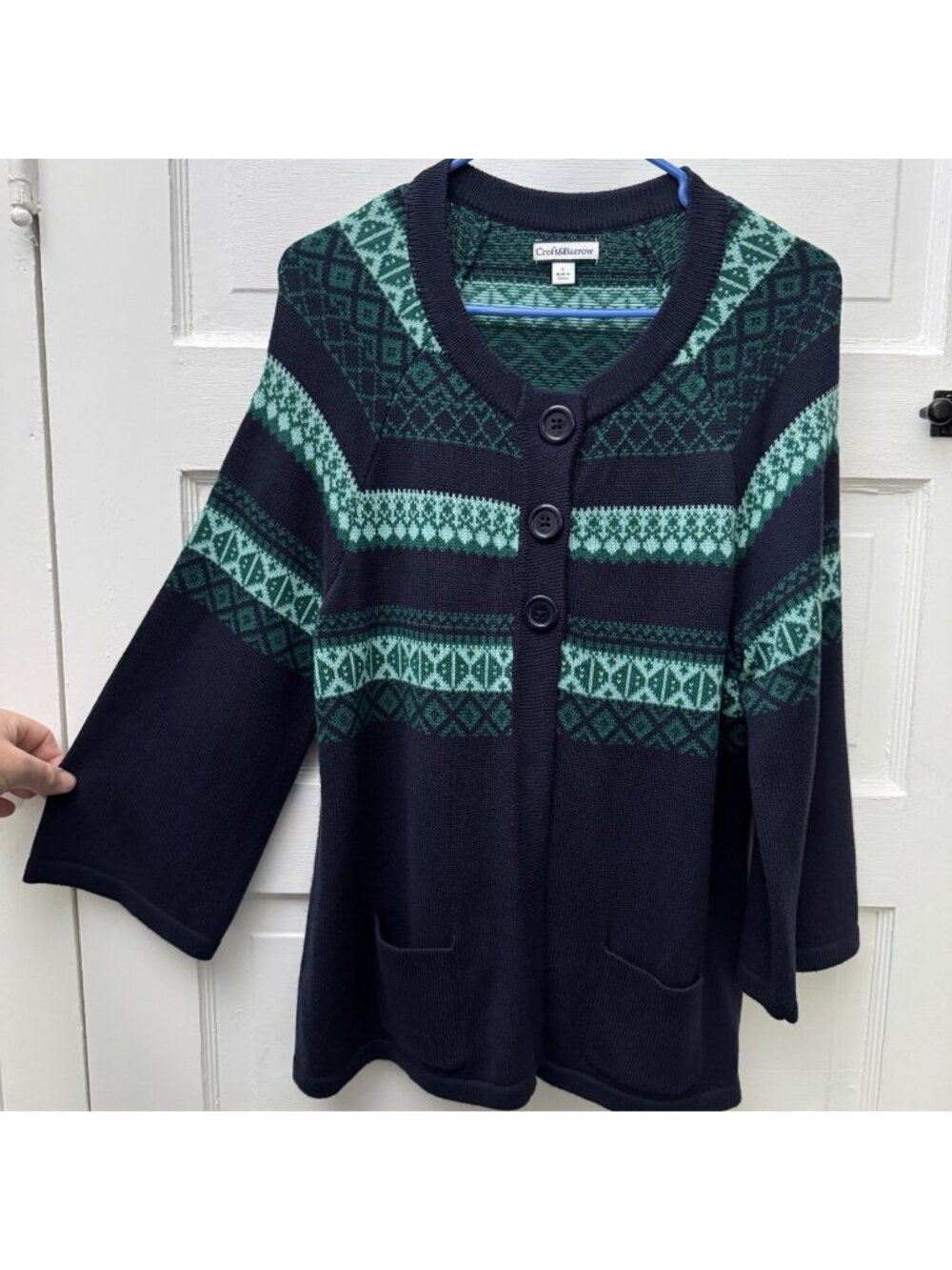 Croft & Barrow Womens L Cotton Cardigan Navy Green Fair Isle Button Pockets